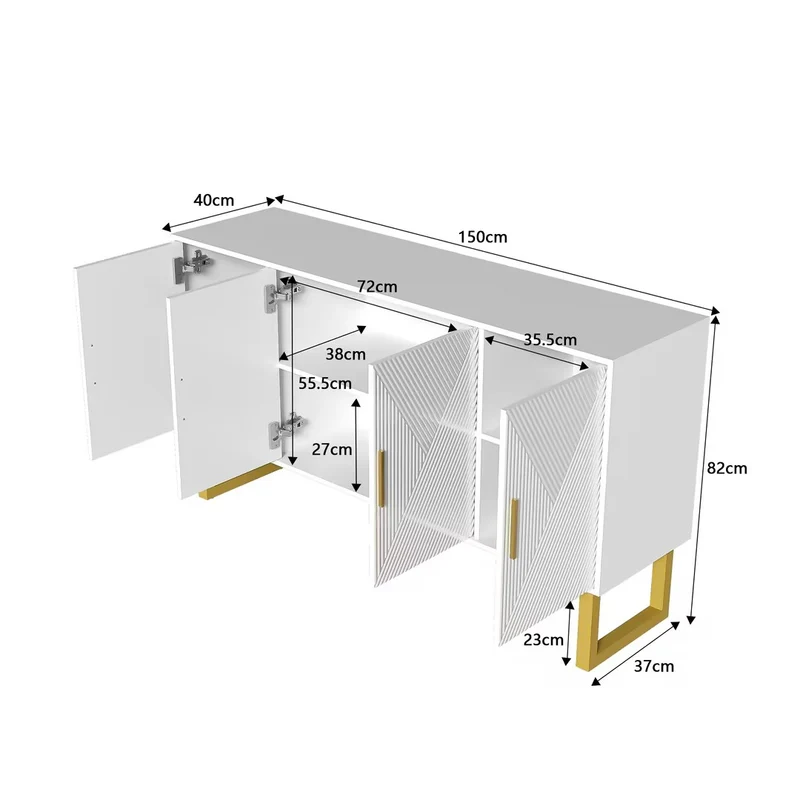 Sideboard Blanc Moderne Luxueux 150cm Meuble à 4 Portes Structurées Hautes Lumières avec Griffes et Pieds Dorés