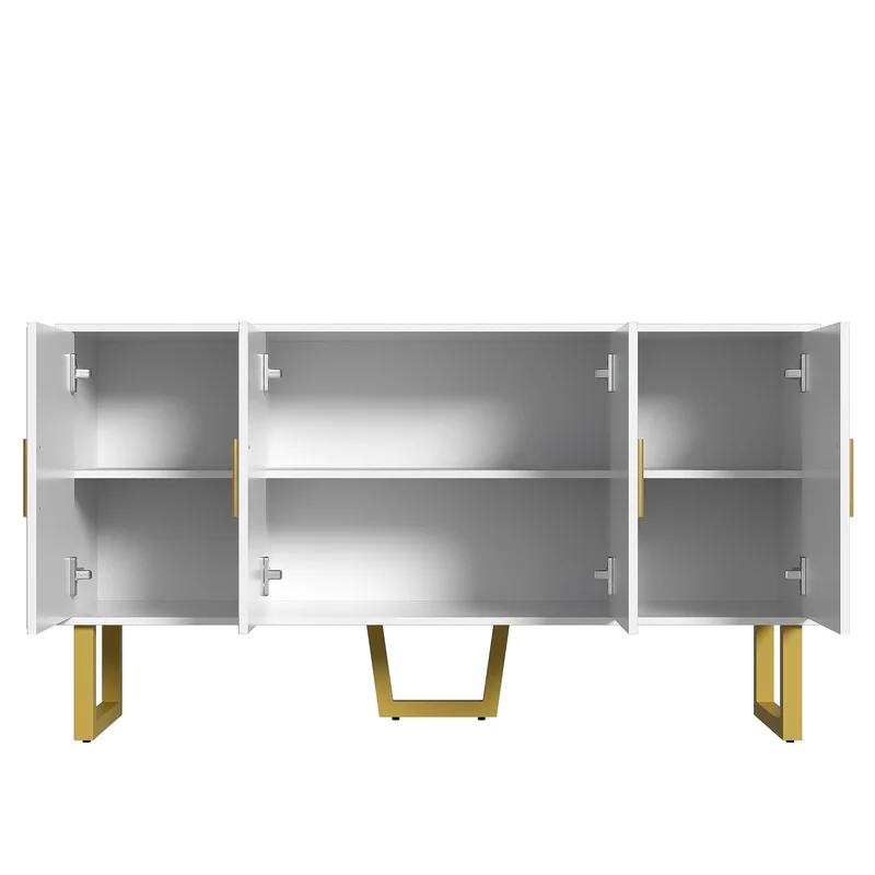 Sideboard Blanc Moderne Luxueux 150cm Meuble à 4 Portes Structurées Hautes Lumières avec Griffes et Pieds Dorés