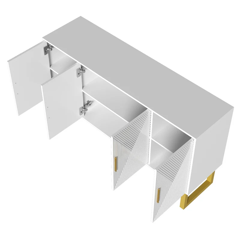 Sideboard Blanc Moderne Luxueux 150cm Meuble à 4 Portes Structurées Hautes Lumières avec Griffes et Pieds Dorés