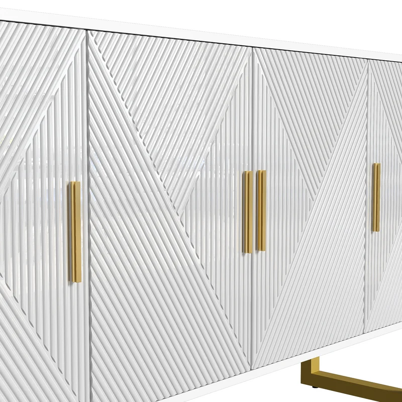 Sideboard Blanc Moderne Luxueux 150cm Meuble à 4 Portes Structurées Hautes Lumières avec Griffes et Pieds Dorés