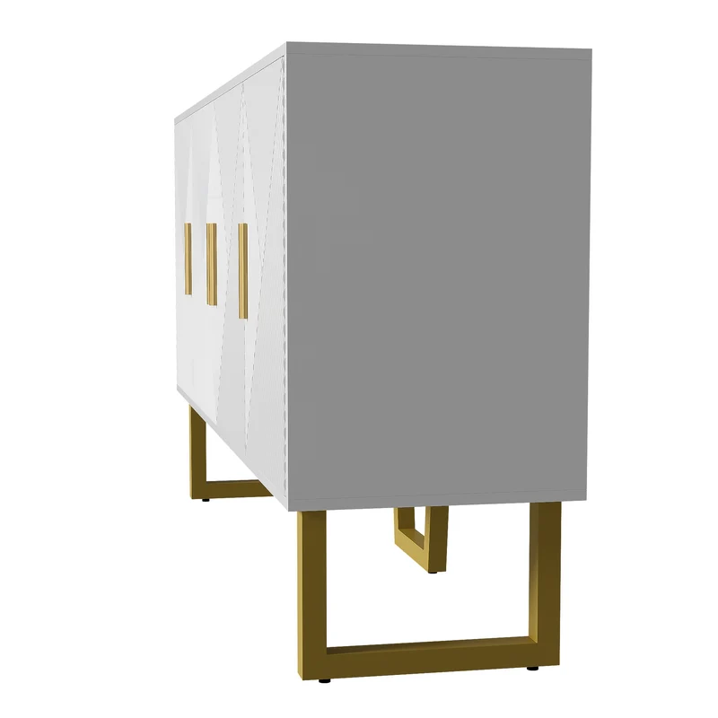 Sideboard Blanc Moderne Luxueux 150cm Meuble à 4 Portes Structurées Hautes Lumières avec Griffes et Pieds Dorés