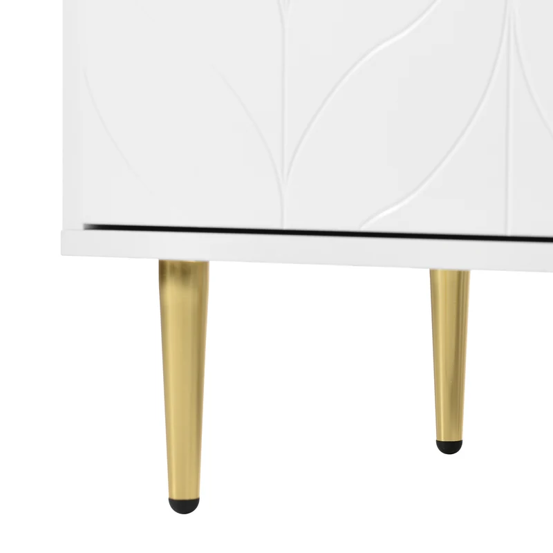 Sideboard moderne à motifs de fleurs 127×45×75cm Commode blanche avec pieds et poignées dorées 2 étagères 6 compartiments pour salon chambre à coucher et salle de bains