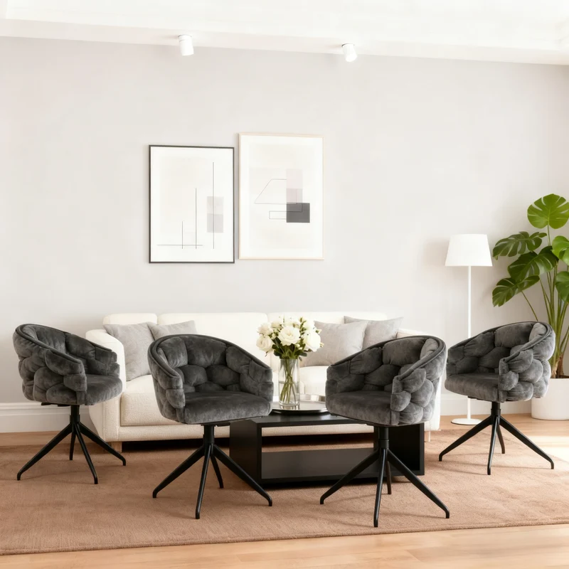 Lot de 4 Gris chaises de luxe en velours 360° pivotantes Chaises ergonomiques modernes à dossier pour salon salle à manger et dressing