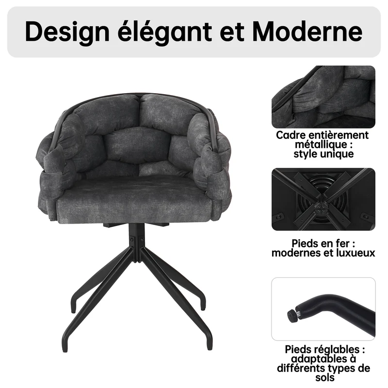 Lot de 4 Gris chaises de luxe en velours 360° pivotantes Chaises ergonomiques modernes à dossier pour salon salle à manger et dressing
