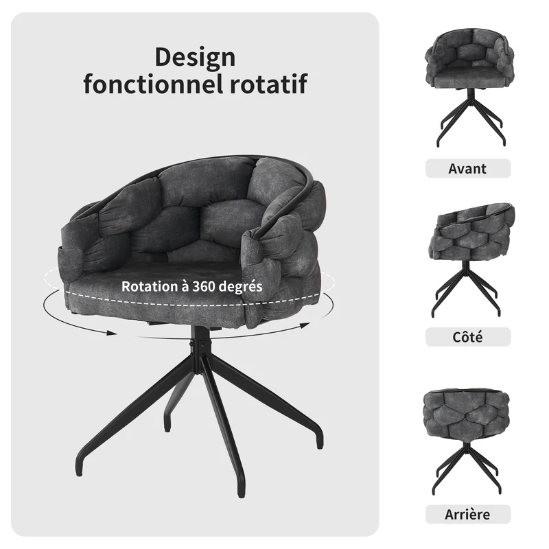 Lot de 4 Gris chaises de luxe en velours 360° pivotantes Chaises ergonomiques modernes à dossier pour salon salle à manger et dressing