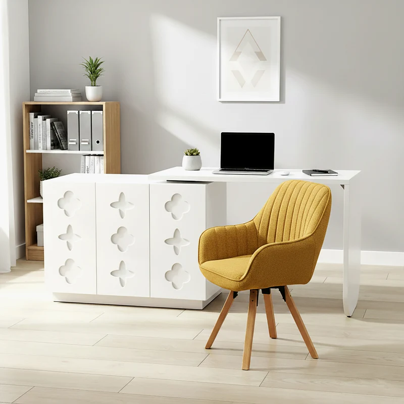 Bureau d'angle pivotant en L blanc de 110 cm, avec 3 placards de rangement, portes à fermeture douce et étagères réglables, idéal pour un bureau ou un studio de beauté
