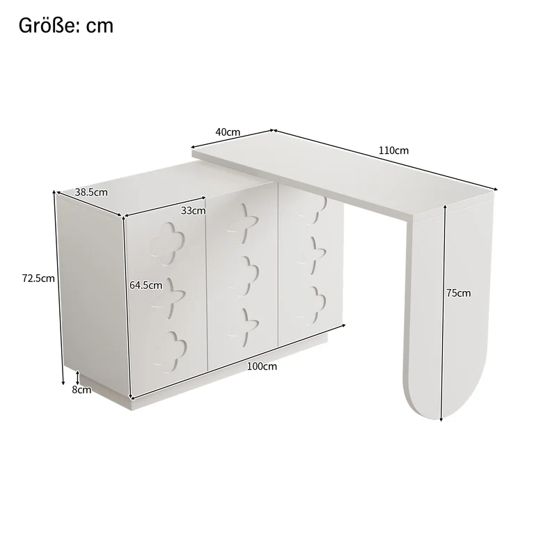 Bureau d'angle pivotant en L blanc de 110 cm, avec 3 placards de rangement, portes à fermeture douce et étagères réglables, idéal pour un bureau ou un studio de beauté