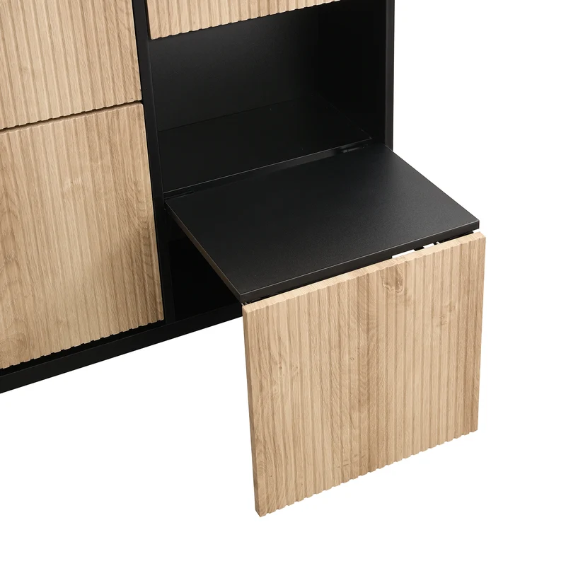 Meuble à chaussures avec banc intégré 100x25x100 cm en MDF noir et bois naturel, 3 abattants, étagères et assise escamotable, idéal pour entrée, couloir ou chambre