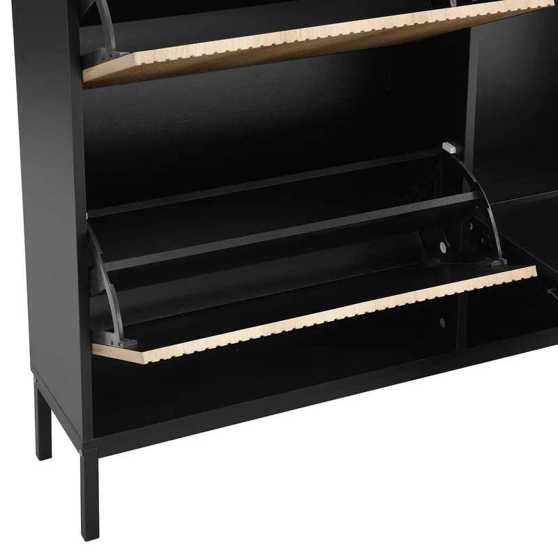 Meuble à chaussures avec banc intégré 100x25x100 cm en MDF noir et bois naturel, 3 abattants, étagères et assise escamotable, idéal pour entrée, couloir ou chambre