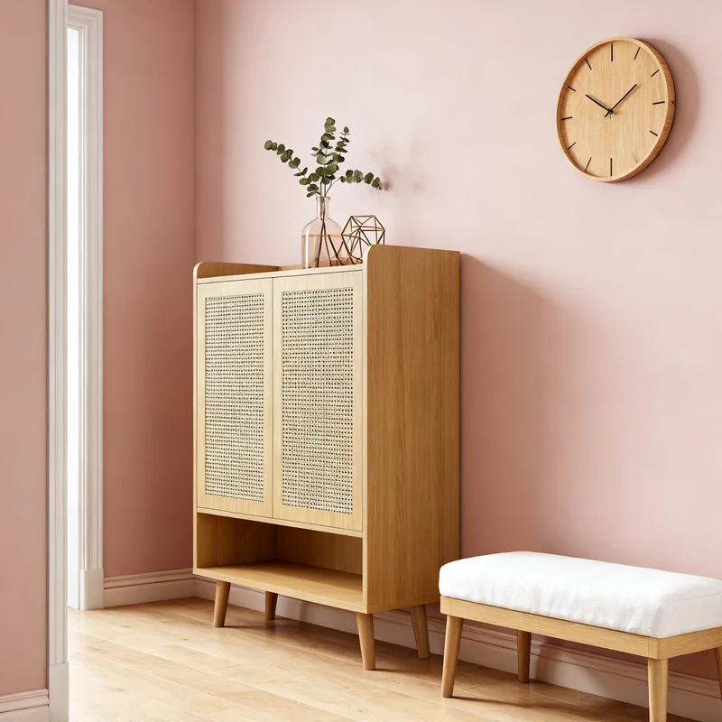 Meuble à chaussures en rotin naturel 80x35x105 cm avec 2 portes, 5 étagères fixes, poignées et pieds en bois massif, idéal pour entrée et couloir