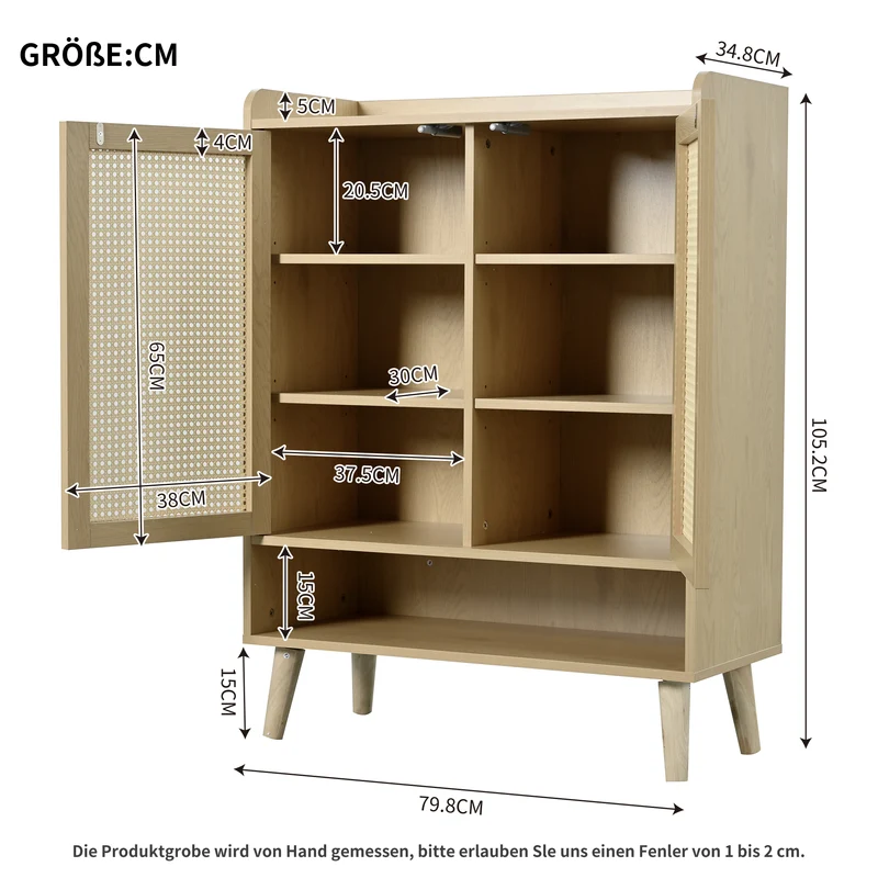 Meuble à chaussures en rotin naturel 80x35x105 cm avec 2 portes, 5 étagères fixes, poignées et pieds en bois massif, idéal pour entrée et couloir