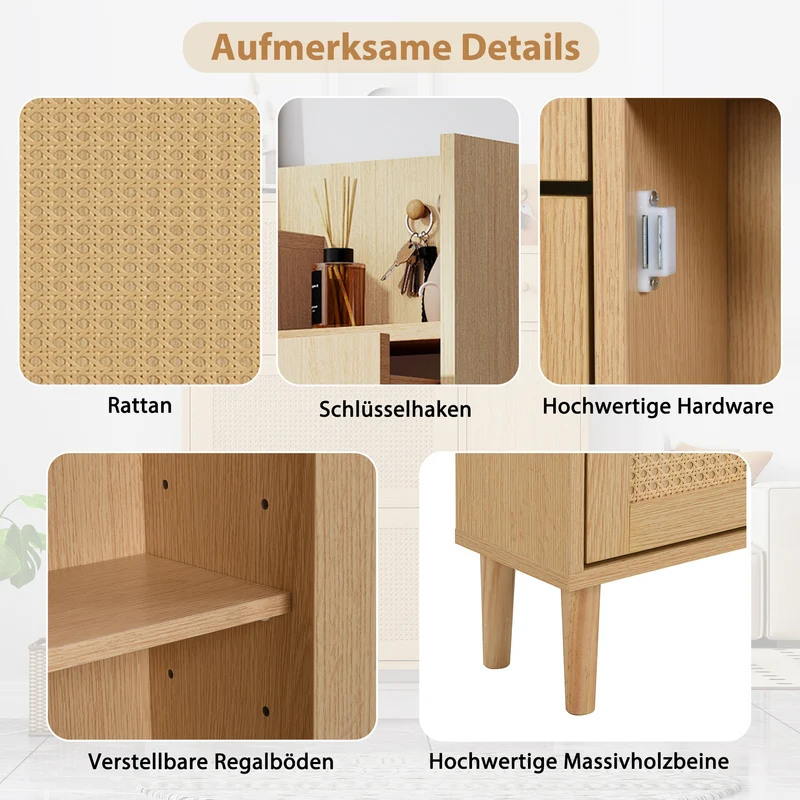 Meuble à chaussures en bois et rotin naturel 90x17x125 cm avec 3 portes basculantes, 1 tiroir et pieds en bois massif, idéal pour entrée étroite et petits espaces