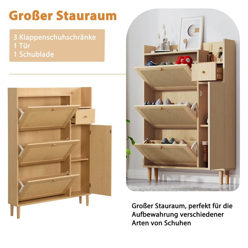 Meuble à chaussures en bois et rotin naturel 90x17x125 cm avec 3 portes basculantes, 1 tiroir et pieds en bois massif, idéal pour entrée étroite et petits espaces