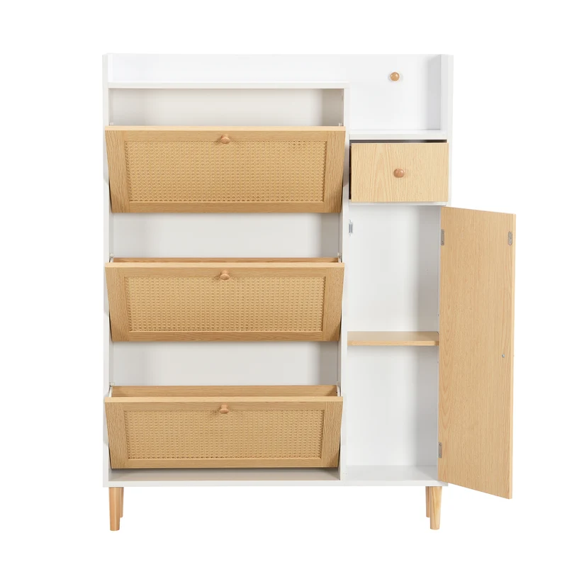 Meuble à chaussures en bois et rotin 90x17x125 cm avec 3 portes basculantes, 1 tiroir et pieds en bois massif, idéal pour entrée étroite et petits espaces