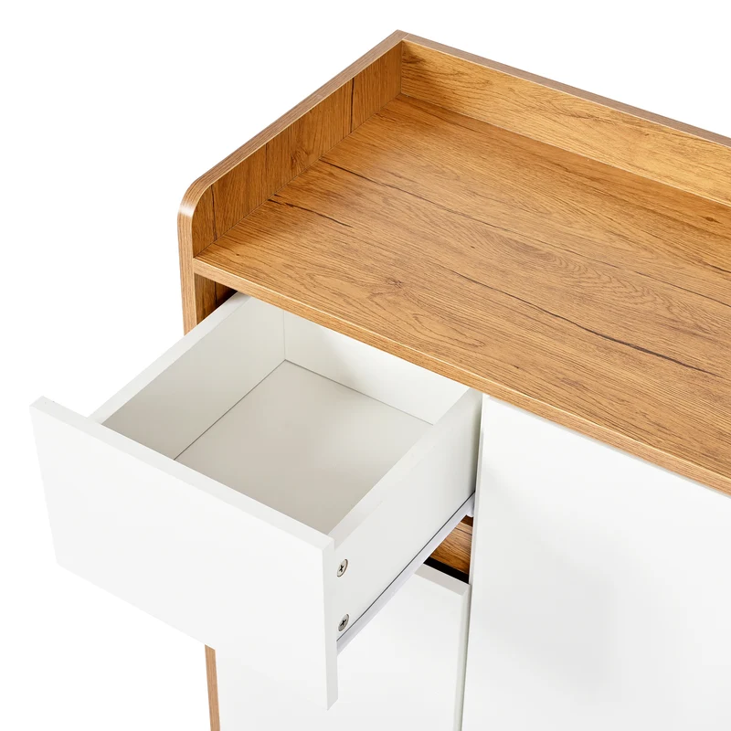 Commode / buffet / meuble à chaussures blanc et bois 90x35x99 cm avec étagères réglables et pieds en bois massif