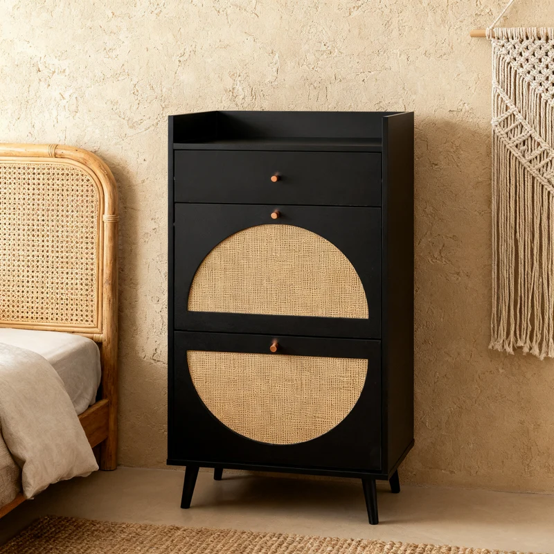 Meuble à chaussures noir 60x24x110 cm avec 2 portes en rotin, 1 tiroir et étagères réglables