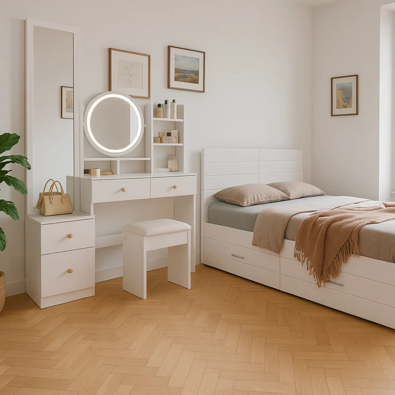 Coiffeuse 4-en-1 blanche avec miroir entier et miroir de table rotatif, tabouret rembourré, rangement intégré et éclairage LED 3 couleurs, 109x36x164 cm
