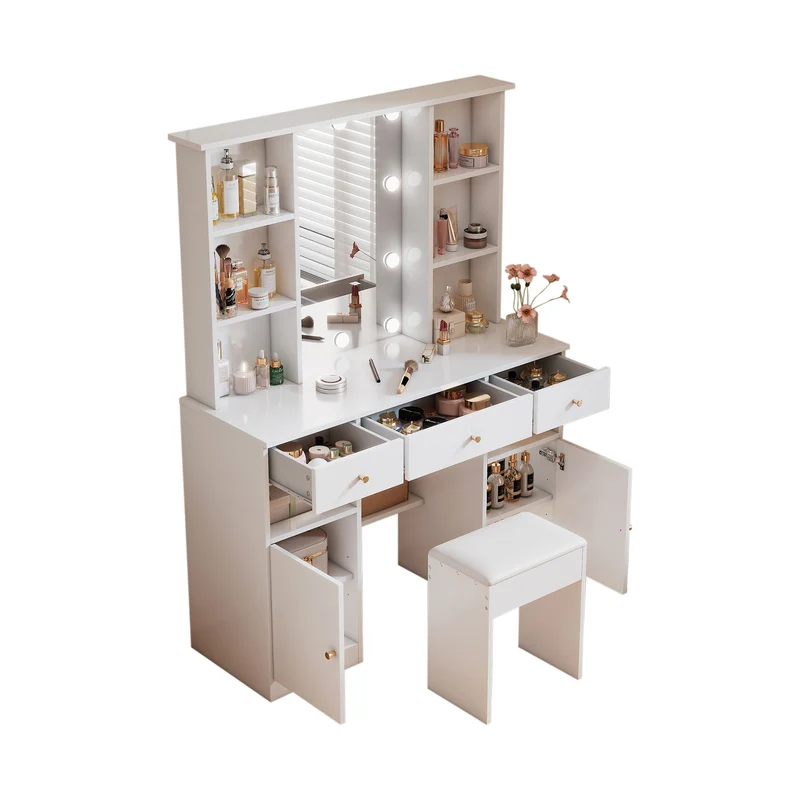 Grande coiffeuse blanche avec miroir, tabouret et éclairage LED réglable, 3 tiroirs et 2 portes de rangement