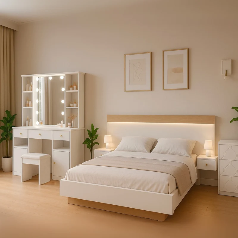 Grande coiffeuse blanche avec miroir, tabouret et éclairage LED réglable, 3 tiroirs et 2 portes de rangement