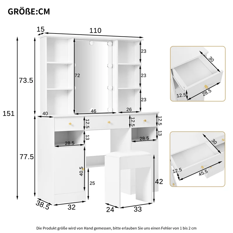 Grande coiffeuse blanche avec miroir, tabouret et éclairage LED réglable, 3 tiroirs et 2 portes de rangement