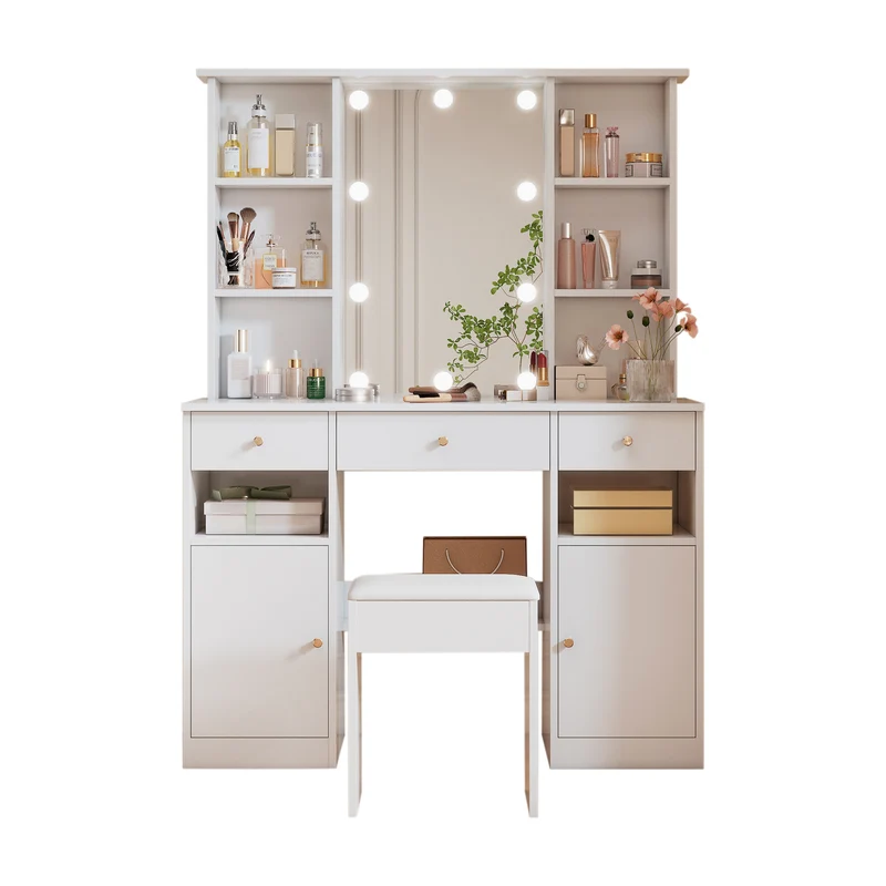 Grande coiffeuse blanche avec miroir, tabouret et éclairage LED réglable, 3 tiroirs et 2 portes de rangement