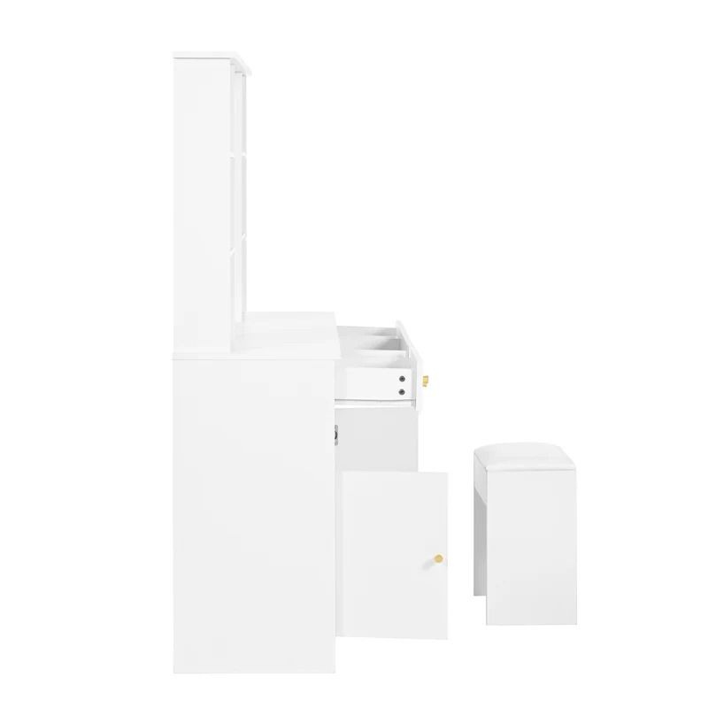 Grande coiffeuse blanche avec miroir, tabouret et éclairage LED réglable, 3 tiroirs et 2 portes de rangement