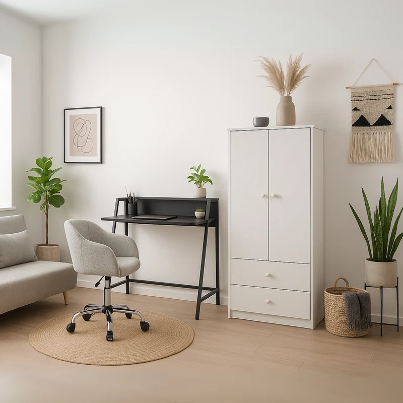 Armoire penderie blanche en panneaux de particules avec 2 portes, 2 tiroirs et tringle de rangement