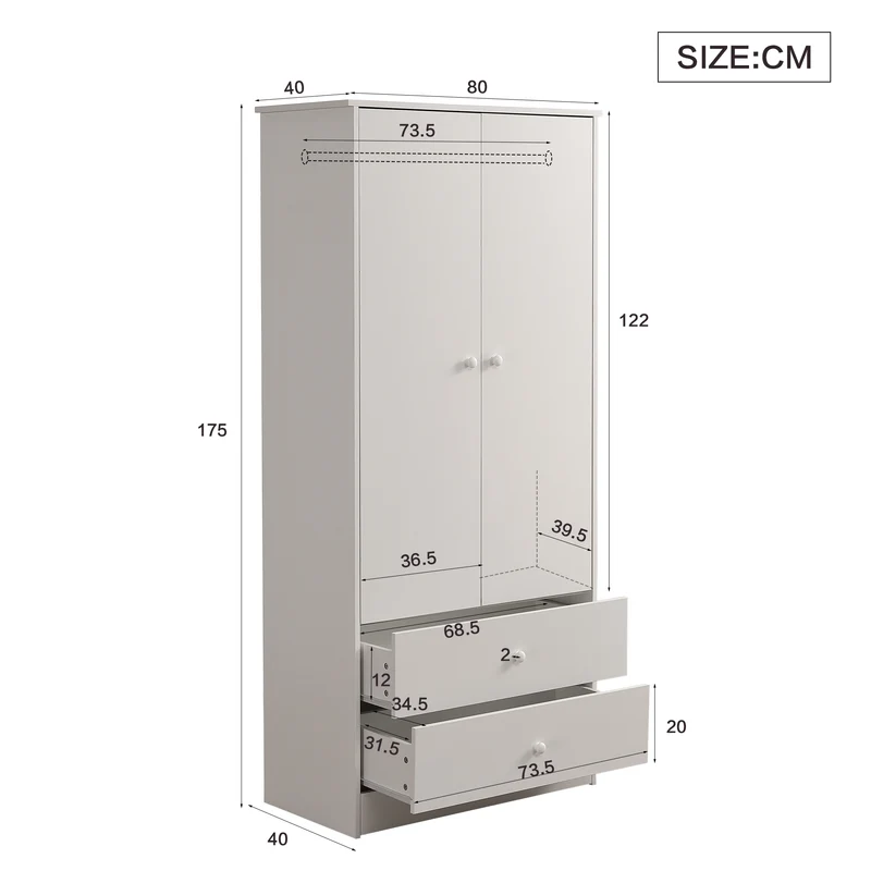 Armoire penderie blanche en panneaux de particules avec 2 portes, 2 tiroirs et tringle de rangement