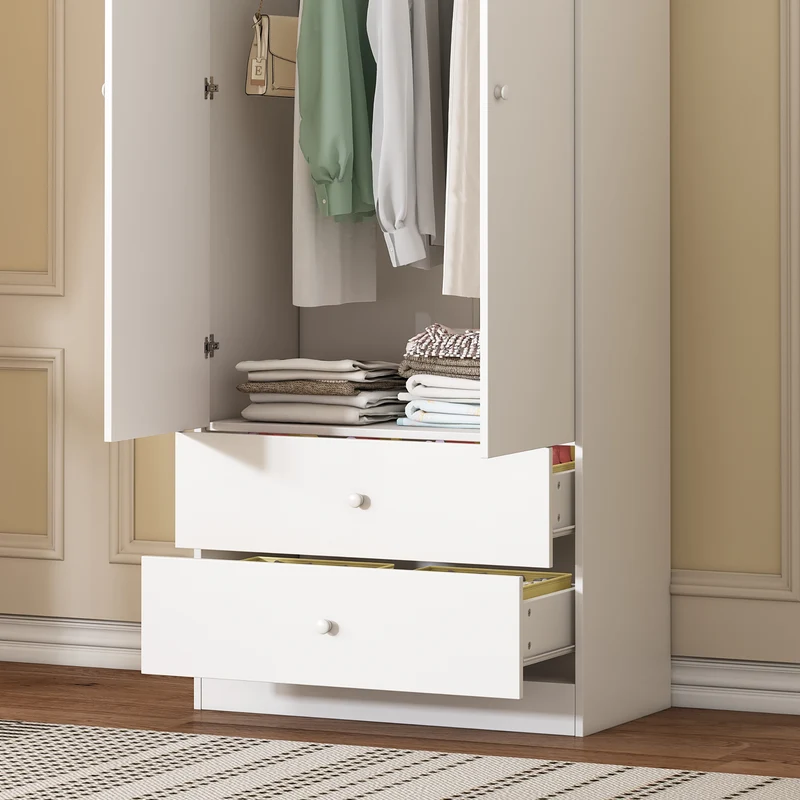 Armoire penderie blanche en panneaux de particules avec 2 portes, 2 tiroirs et tringle de rangement