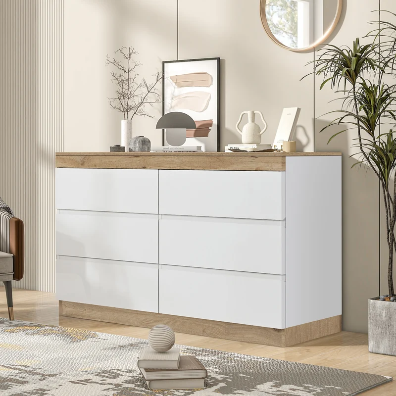Commode blanche et chêne en panneau de particules E1 avec 6 tiroirs spacieux