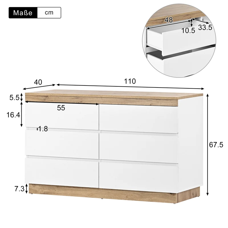 Commode blanche et chêne en panneau de particules E1 avec 6 tiroirs spacieux