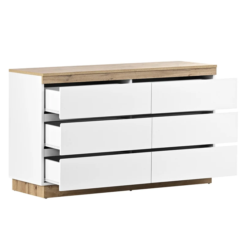 Commode blanche et chêne en panneau de particules E1 avec 6 tiroirs spacieux