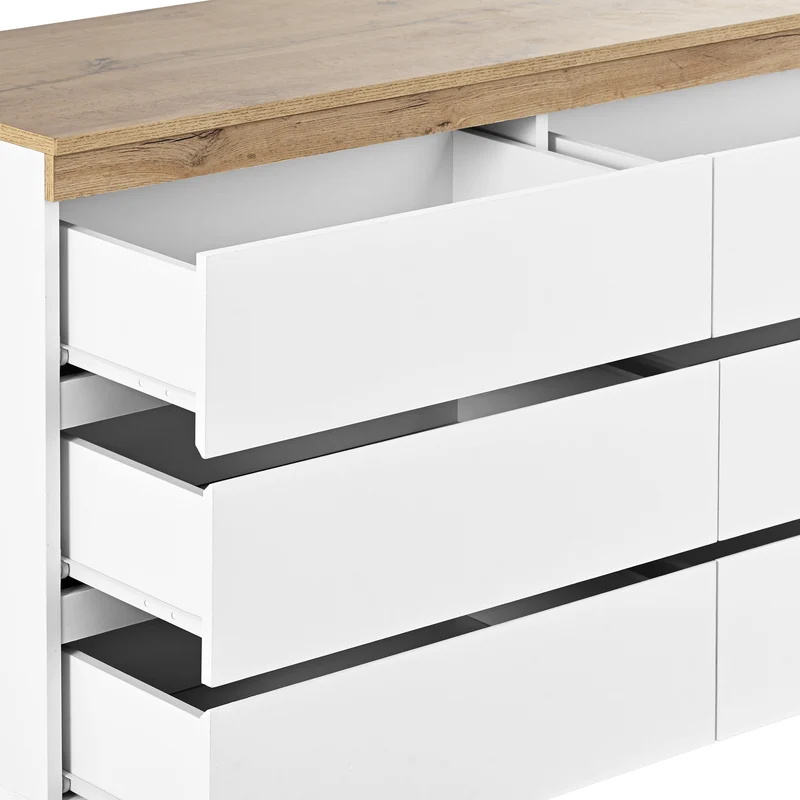 Commode blanche et chêne en panneau de particules E1 avec 6 tiroirs spacieux
