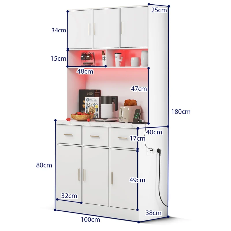 Buffet de cuisine multifonction 100x40x180 cm en MDF blanc avec LED télécommandées, prises électriques, ports USB, tiroirs et étagères réglables