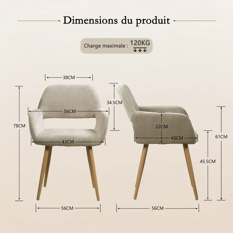 Lot de 2 fauteuils de salle à manger scandinaves avec accoudoirs en tissu beige - CROMWELL