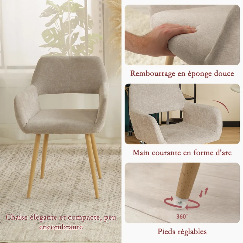 Lot de 6 fauteuils de salle à manger scandinaves avec accoudoirs en tissu beige - CROMWELL