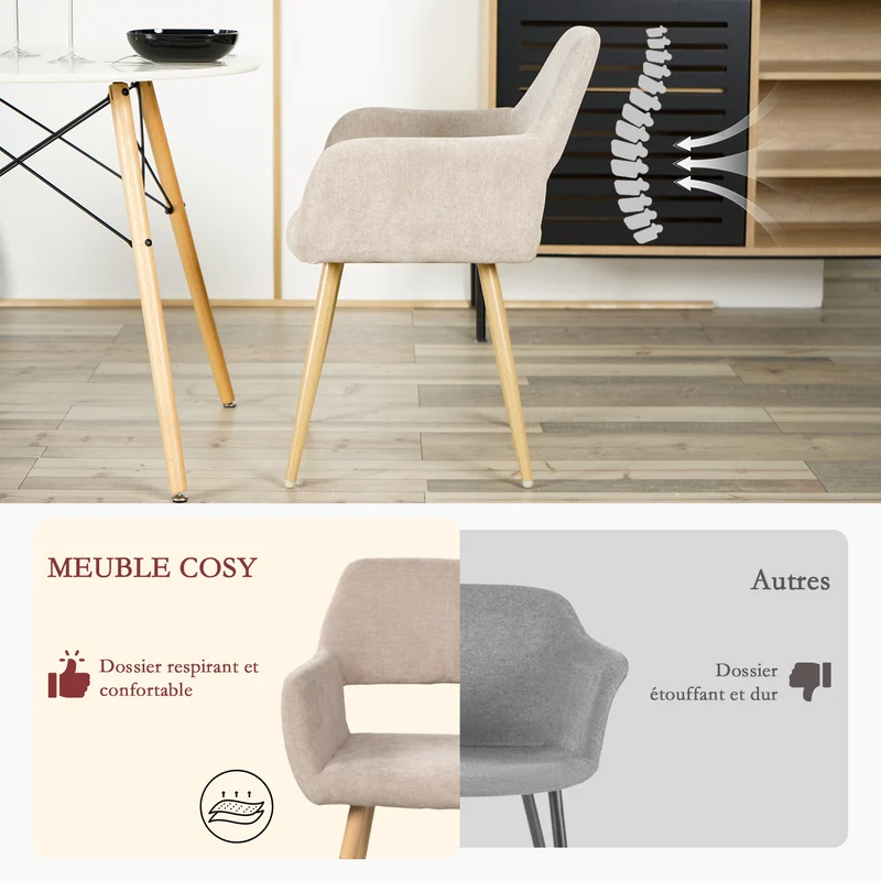 Lot de 4 fauteuils de salle à manger scandinaves avec accoudoirs en tissu beige - CROMWELL