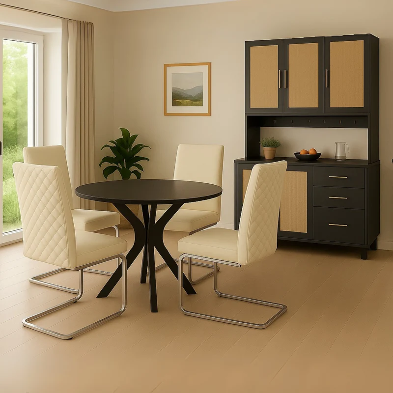 Buffet de cuisine 183 cm avec éclairage LED contrôlé par application, 2 ports USB, 2 prises, 3 tiroirs, étagères réglables et poignées dorées â€?idéal pour cuisine et salle à manger