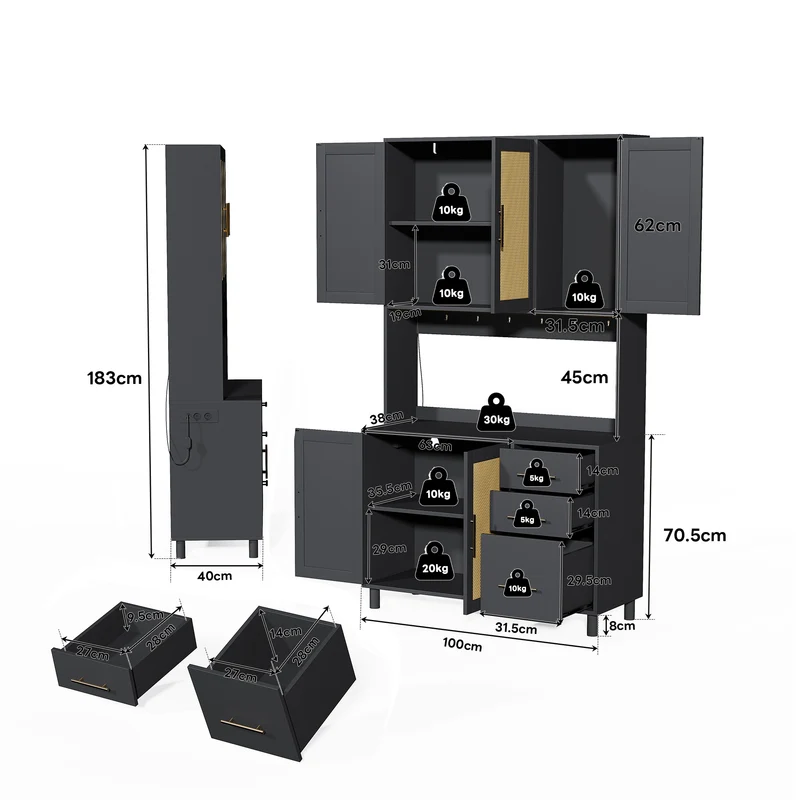 Buffet de cuisine 183 cm avec éclairage LED contrôlé par application, 2 ports USB, 2 prises, 3 tiroirs, étagères réglables et poignées dorées â€?idéal pour cuisine et salle à manger