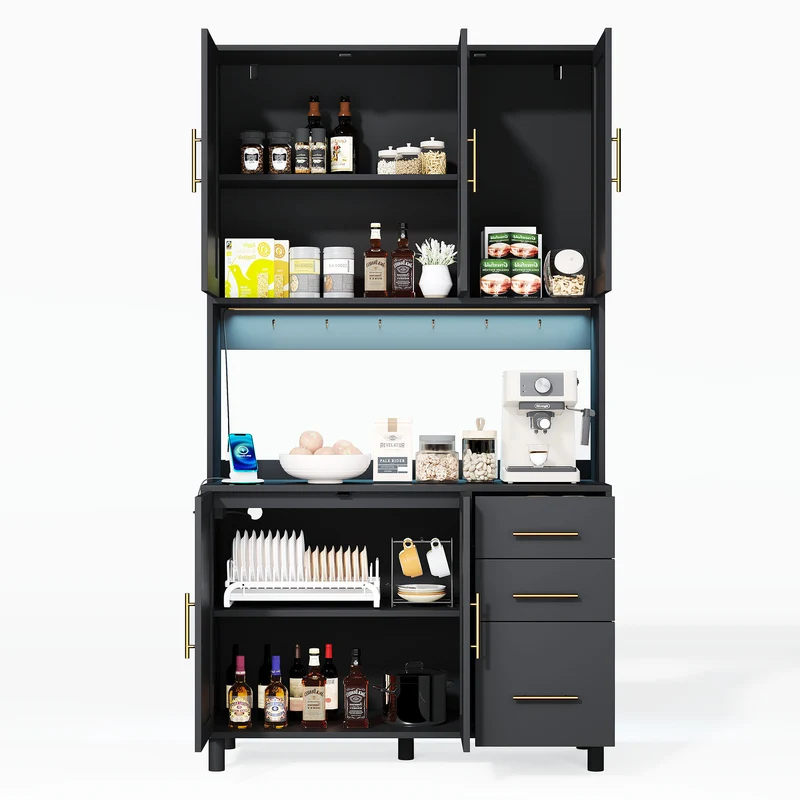 Buffet de cuisine 183 cm avec éclairage LED contrôlé par application, 2 ports USB, 2 prises, 3 tiroirs, étagères réglables et poignées dorées â€?idéal pour cuisine et salle à manger