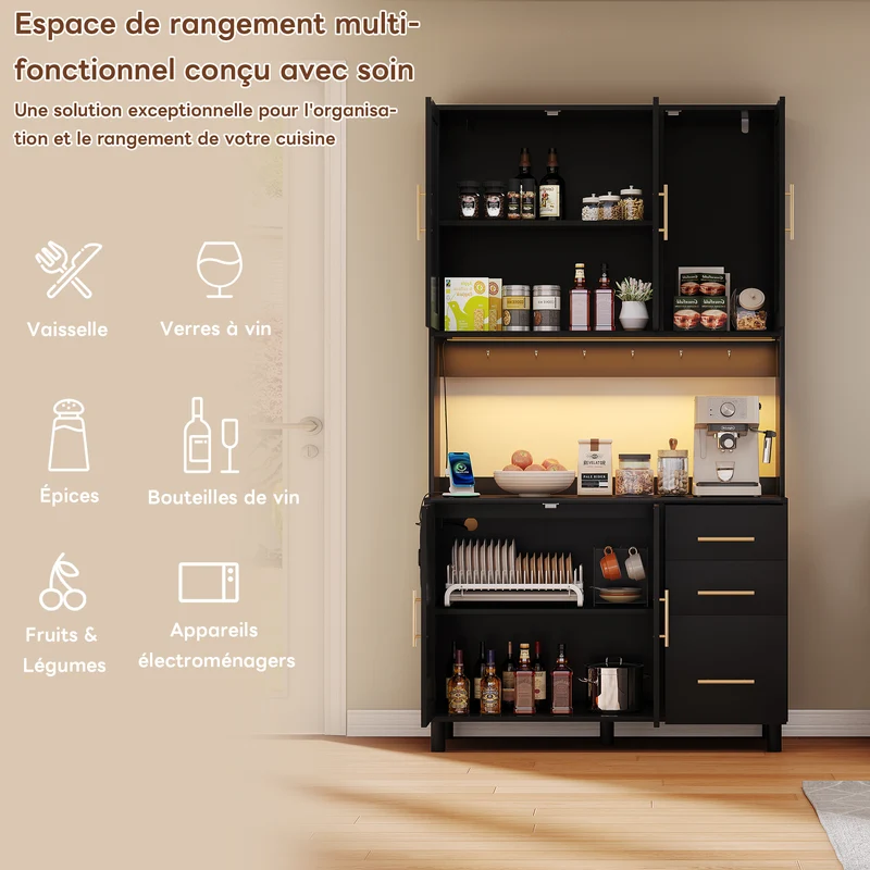 Buffet de cuisine 183 cm avec éclairage LED contrôlé par application, 2 ports USB, 2 prises, 3 tiroirs, étagères réglables et poignées dorées â€?idéal pour cuisine et salle à manger