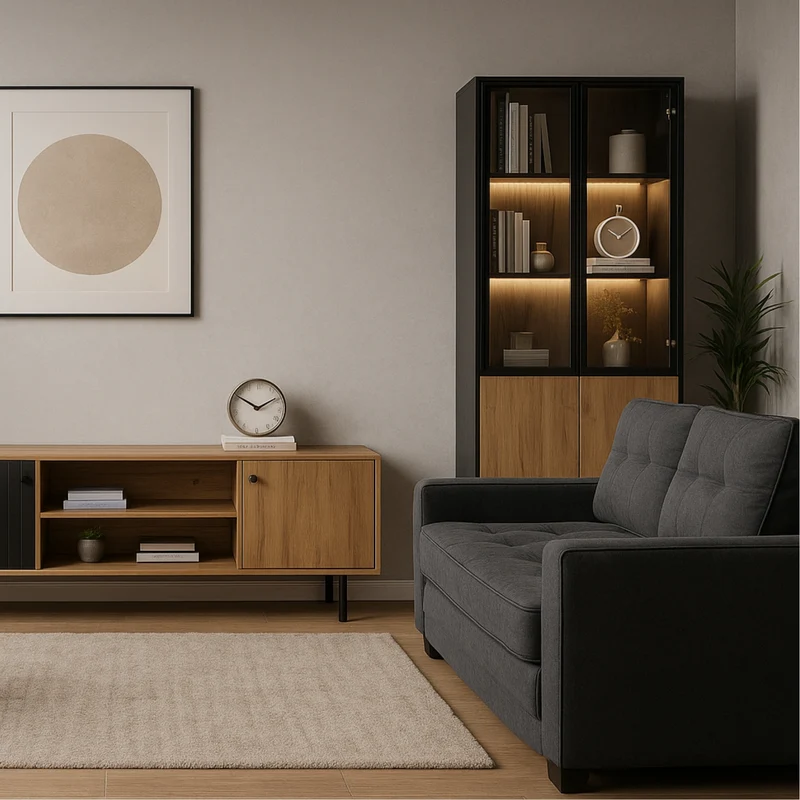 Vitrine LED 180 cm en verre trempé noir/chêne avec étagères réglables
