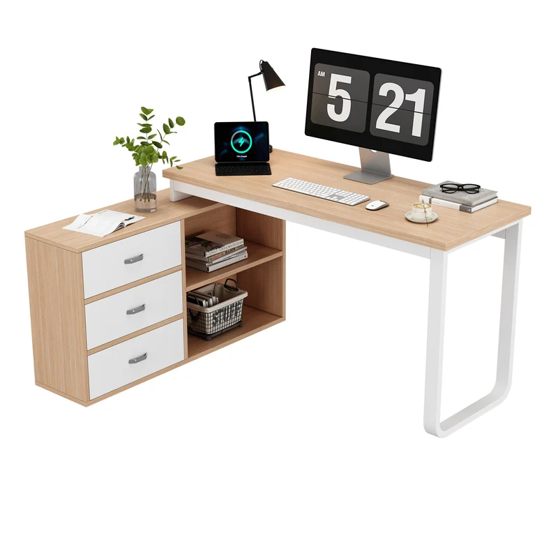 Bureau simple en bois naturel avec 3 tiroirs et 2 niches ouvertes, 147×100×75,3 cm