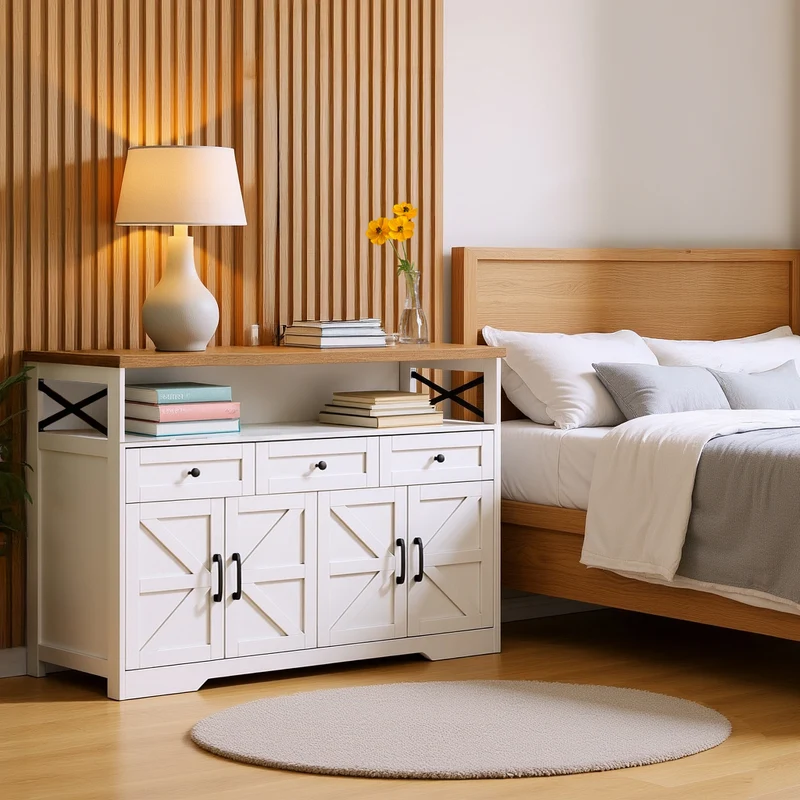 Buffet rustique blanc et brun avec 3 tiroirs et 2 portes