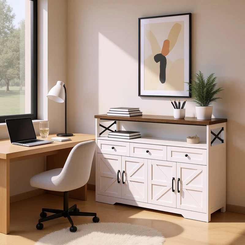Buffet rustique blanc et brun avec 3 tiroirs et 2 portes