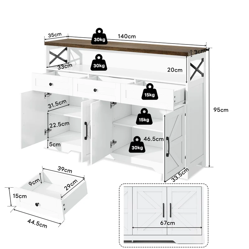 Buffet rustique blanc et brun avec 3 tiroirs et 2 portes