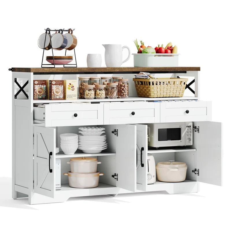 Buffet rustique blanc et brun avec 3 tiroirs et 2 portes