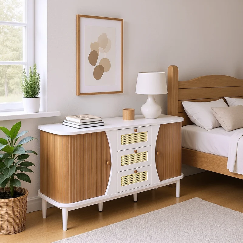 Buffet blanc moderne avec 3 tiroirs en rotin et portes coulissantes