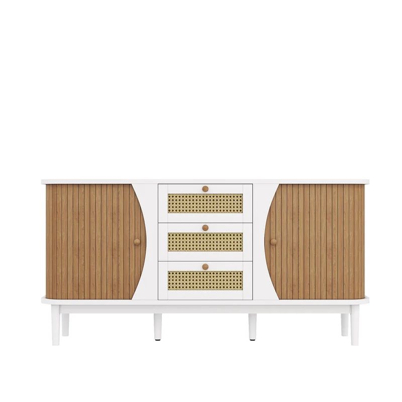 Buffet blanc moderne avec 3 tiroirs en rotin et portes coulissantes