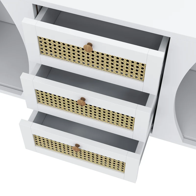 Buffet blanc moderne avec 3 tiroirs en rotin et portes coulissantes